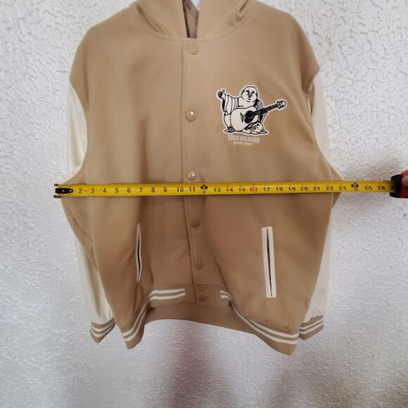 True Religion Buddha Logo Two Tone Varsity Letterman Jacket Men’s XL Leather NWT - Picture 16 of 16